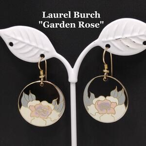 Vintage Laurel Burch "Garden Rose" Earrings, Gold Plated Cloisonné